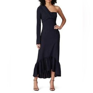 Rokh One Shoulder Knot Dress Women's 36 Navy Blue Crepe Midi Ruffle US size 6.